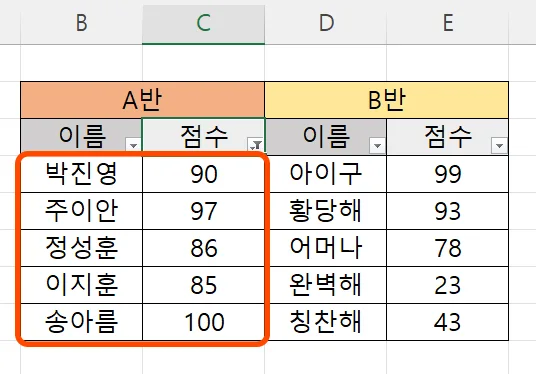 엑셀에서 필터 기능을 적용한 후의 모습