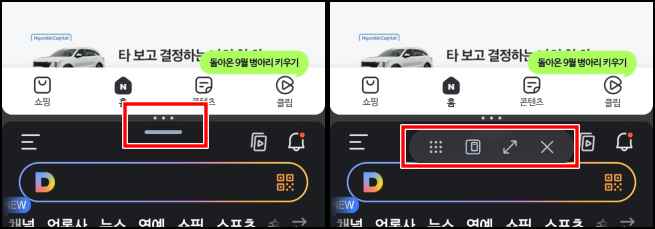 분할 화면 하위 메뉴