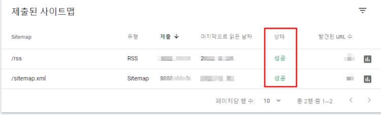 구글서치콘솔 sitemaps 제출 확인