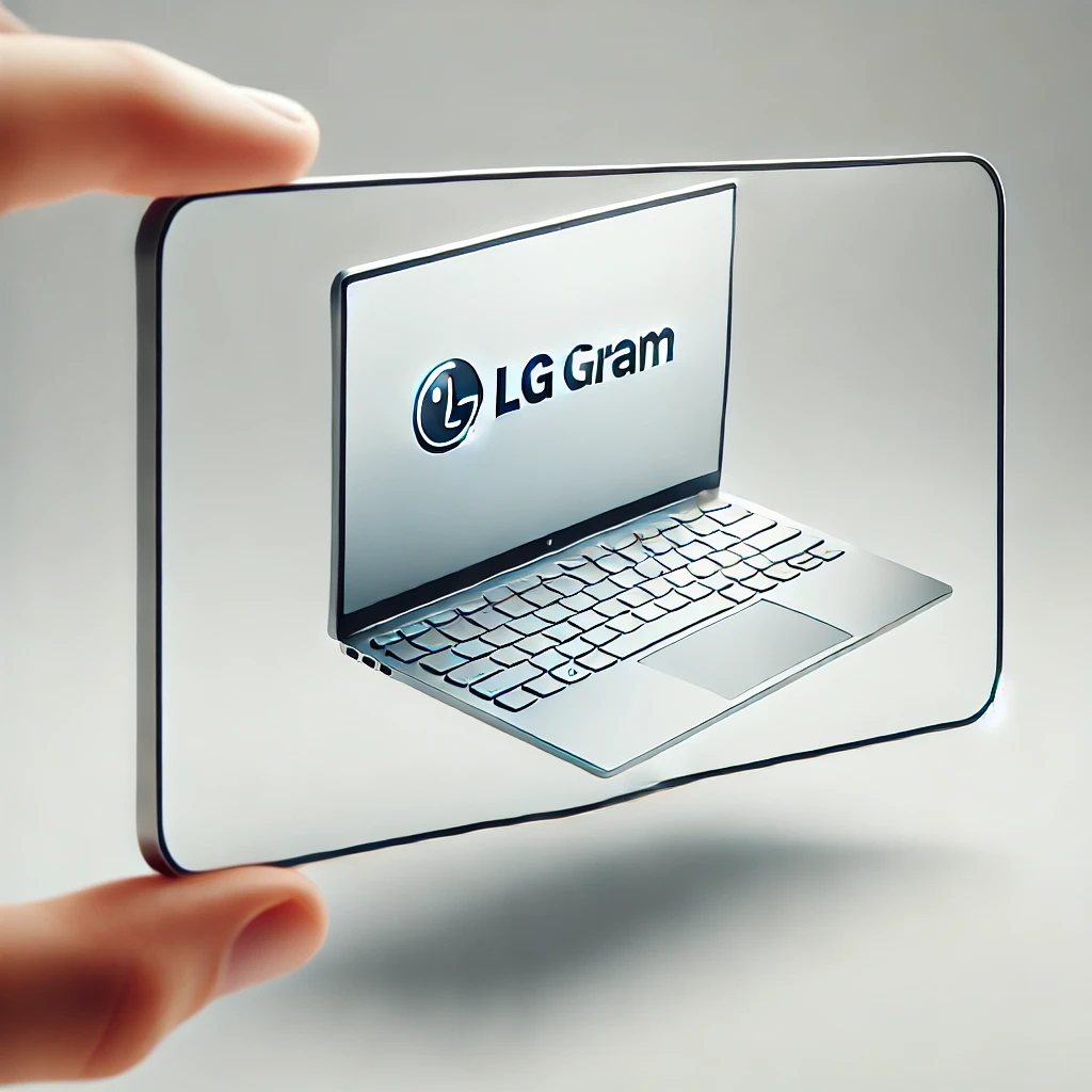 LG 그램 노트북의 슬림한 디자인과 가벼운 무게를 보여주는 썸네일 이미지, 깨끗한 흰색 배경에 살짝 열린 노트북이 강조됨