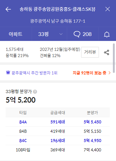 광주송암공원 중흥S-클래스 SK VIEW 아파트-가격정보