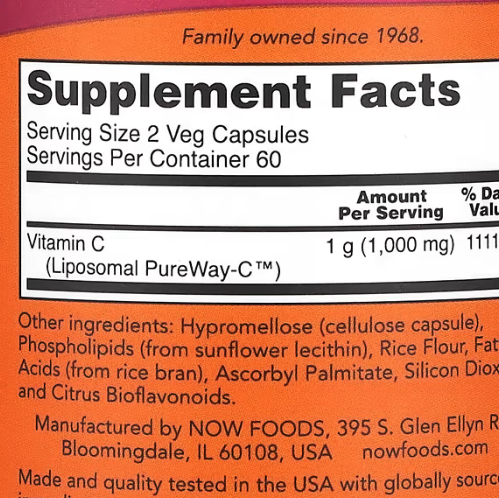 NOW Foods&amp;#44; Liposomal Vitamin C&amp;#44; 120 Veg Capsules supplement facts