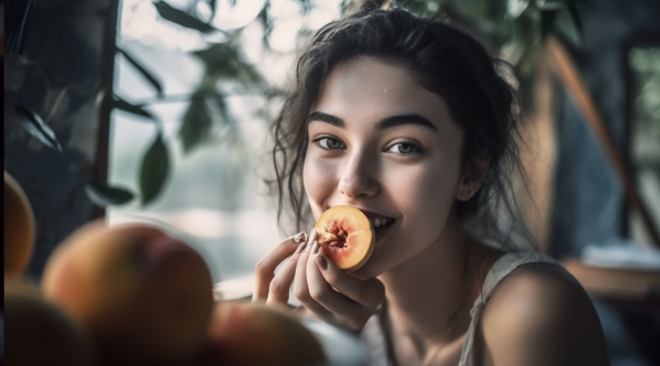 a young lady eating a peach