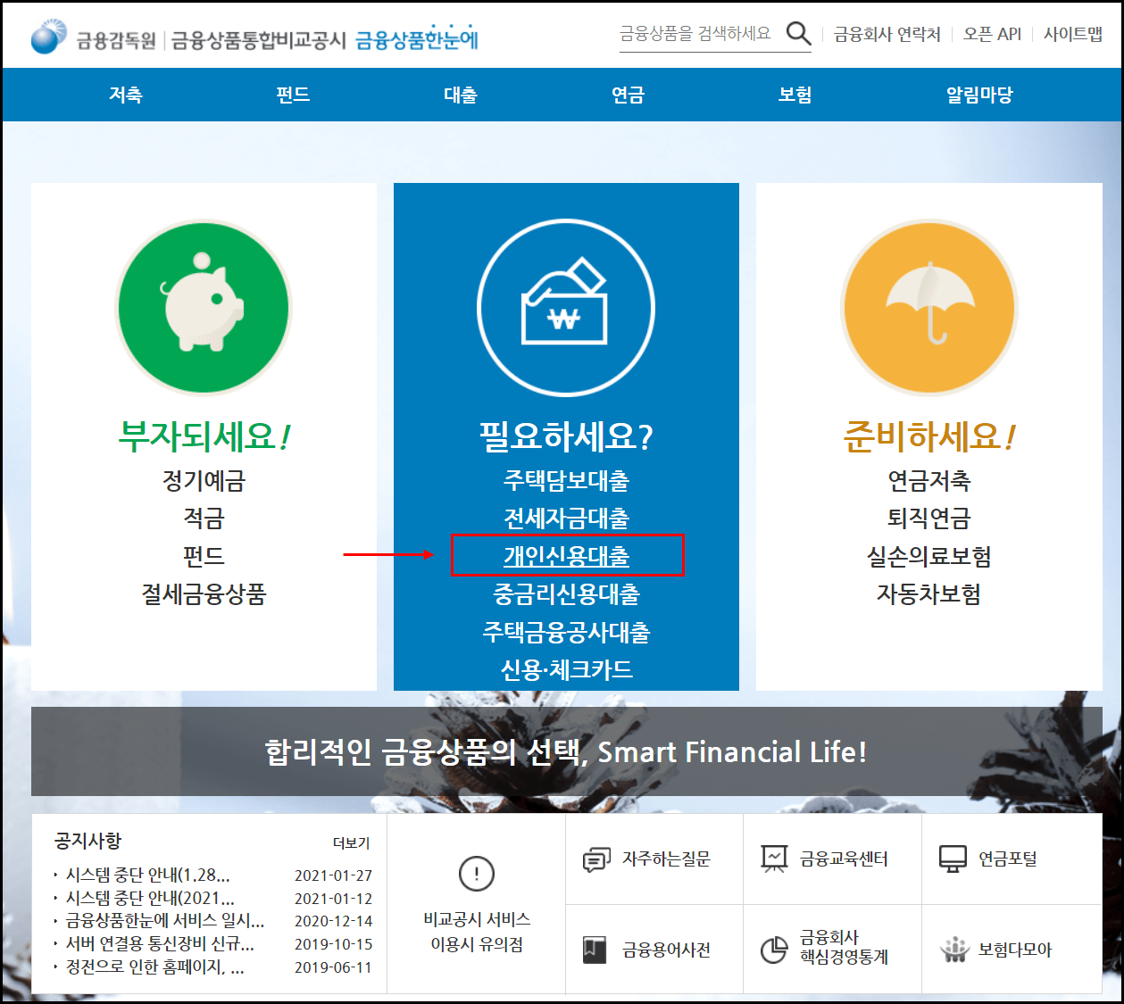 금융감독원-금융상품한눈에-이용화면