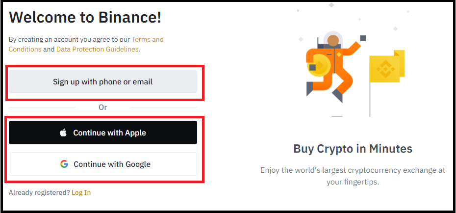 바이낸스 가입 화면 sign up phone or email or apple or google