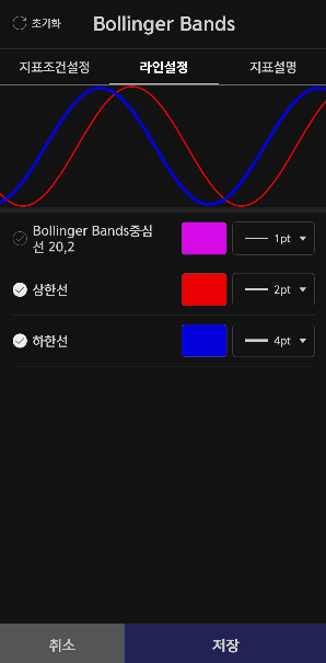 키움증권-MTS-볼린저밴드-설정-라인설정