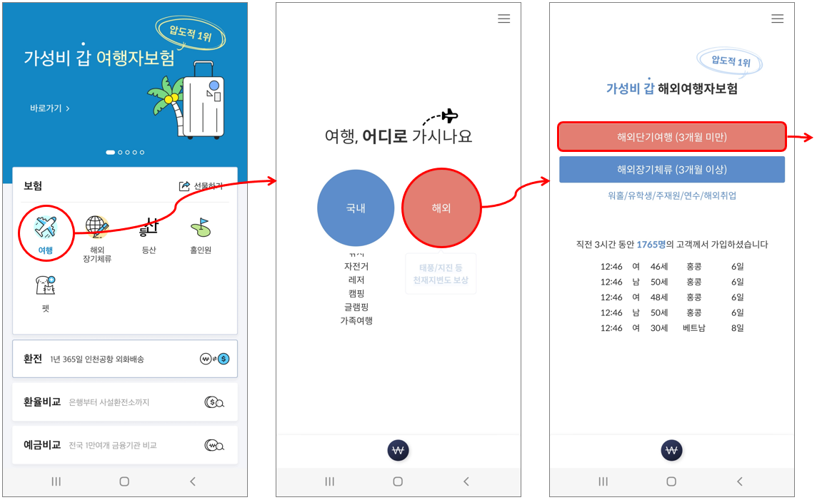 &#39;마이뱅크&#39; 앱 실행 후 여행자 보험 가입 과정