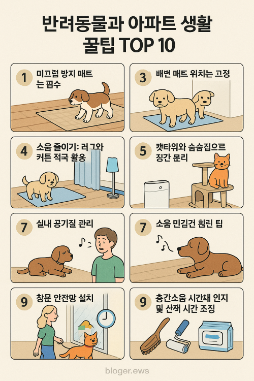 반려동물과 함께 아파트에서 생활할 때 도움이 되는 10가지 꿀팁을 소개하는 일러스트 인포그래픽. 각 팁은 그림과 함께 번호로 정리되어 있으며, 강아지와 고양이를 중심으로 미끄럼 방지 매트, 소음 줄이기, 공기질 관리, 창문 안전망 설치 등 실용적인 생활 수칙이 포함되어 있음.