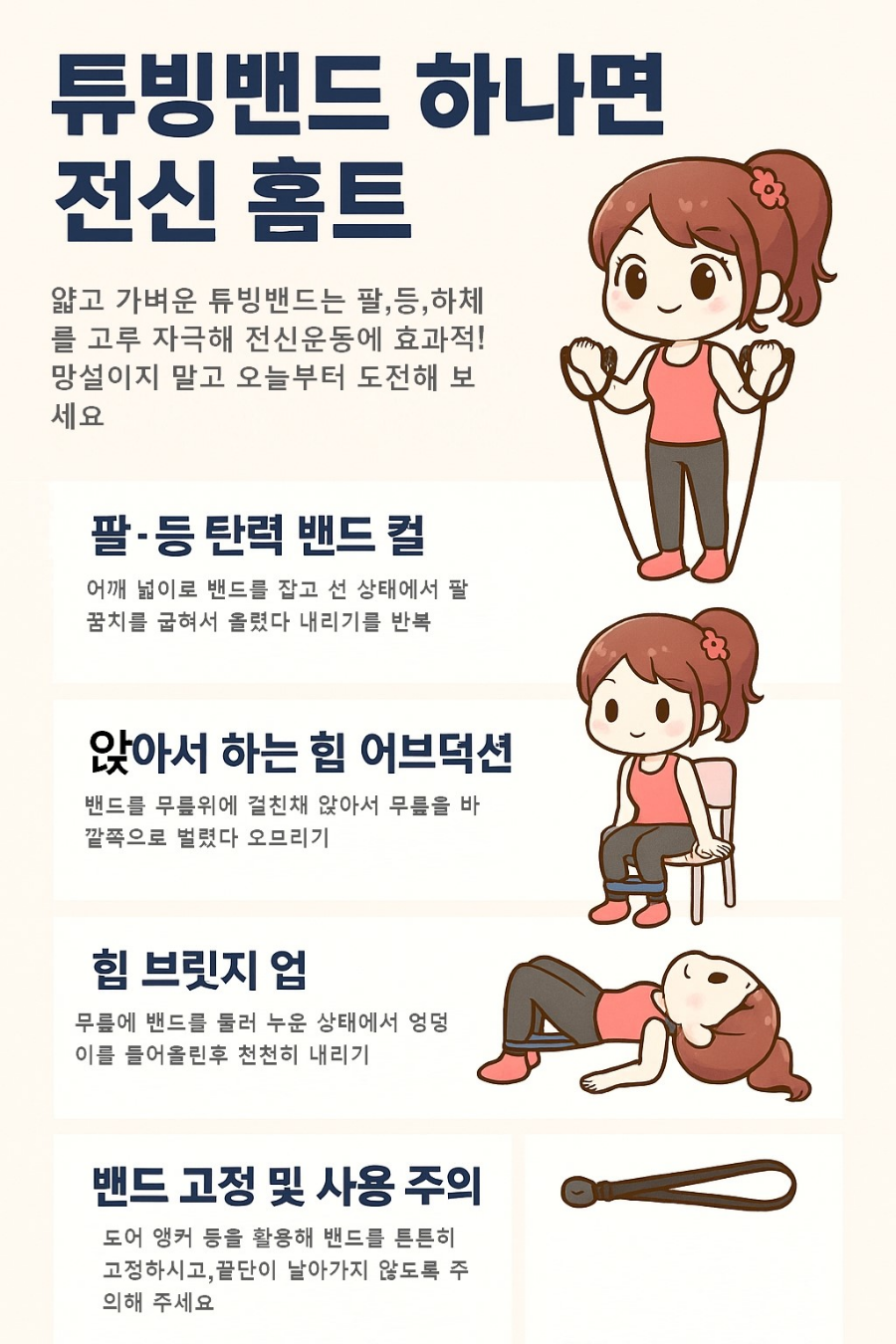 튜빙밴드를 활용한 전신 홈트 루틴 안내 인포그래픽, 각 운동 동작이 그림과 함께 설명된 이미지