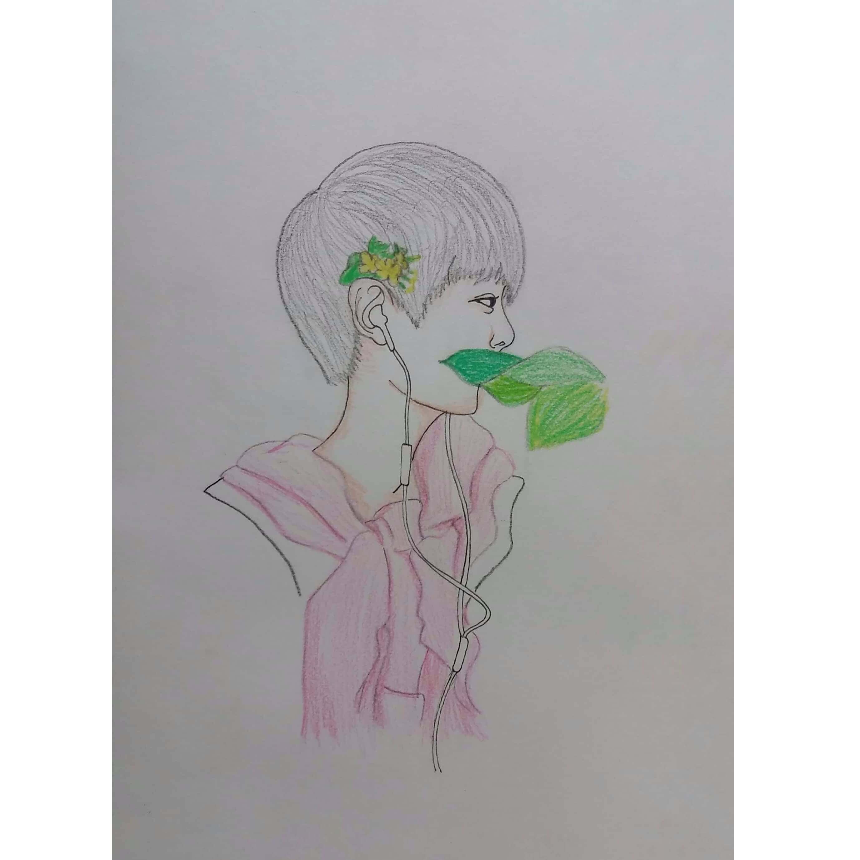  잎사귀를 깨문 사람의 옆모습