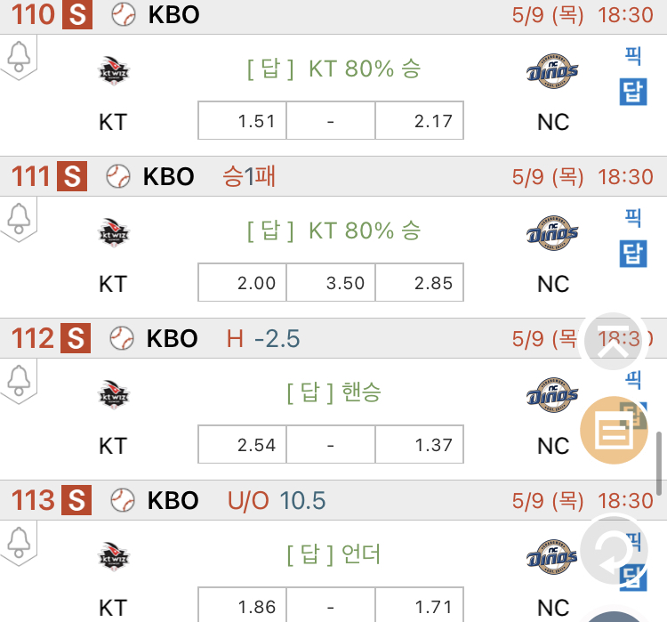 [진짜총판] 5월9일 KT VS NC 국내야구분석
