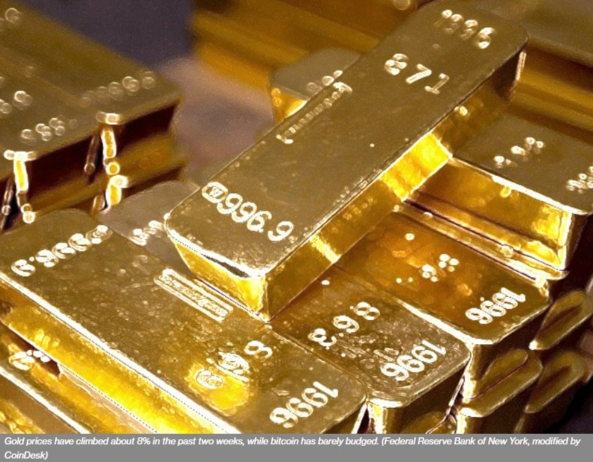  금의 잠재적 라이벌 비트코인(BTC), '안전한 피난처' 인식은 아직 미지수? As Gold Nears Record, Bitcoin Doesn't Shine So Brightly