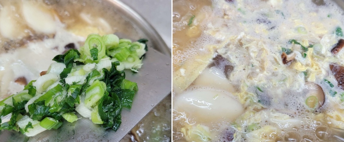 떡국 조리의 마무리 단계, 대파를 넣은 후(왼쪽 이미지)와 계란을 풀어 넣어 완성되가는 떡국(오른쪽 이미지)
