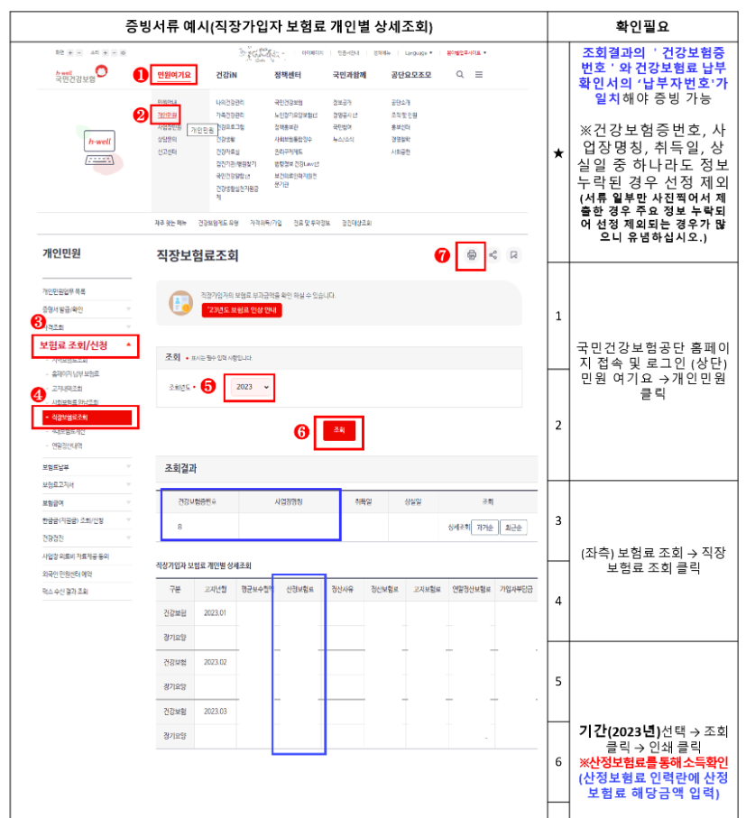 직장가입자 보험료 개인별 상세조회 증빙서류 출력방법 예시입니다. 번호를 참고하여 나와있는 순서대로 클릭하여 자신의 산정보험료액을 확인하시면 됩니다.