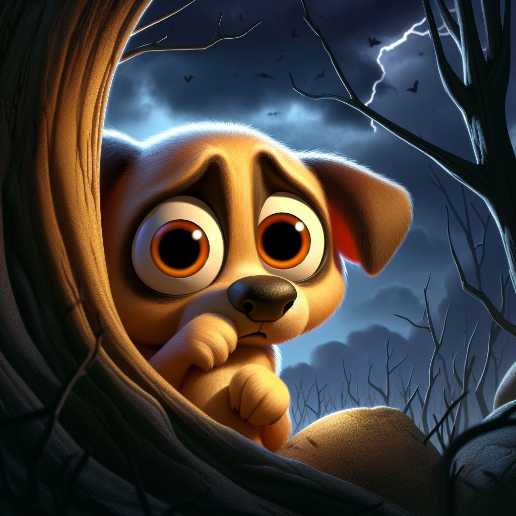 어두운 숲에서 무서워하고 있는 강아지