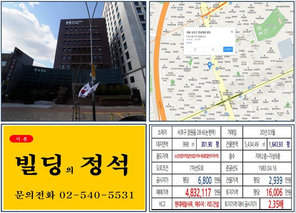  [서초구 강남대로 400억 현대제철 빌딩 실거래가 조회] 잠원동 28-6 (논현역) 183억 2,117만 원, 평당 1억 6,006만 원 매매되