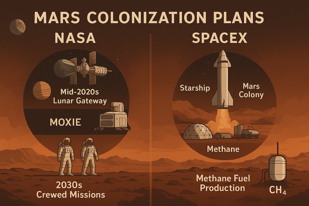 NASA와 SpaceX의 화성이주 계획을 비교한 인포그래픽. 왼쪽에는 NASA의 달 궤도 정거장과 MOXIE 기술, 2030년대 유인 탐사 일정이, 오른쪽에는 SpaceX의 스타십, 메탄 연료 생산 시스템, 미래 화성 정착지가 도시 형태로 시각화되어 있음.