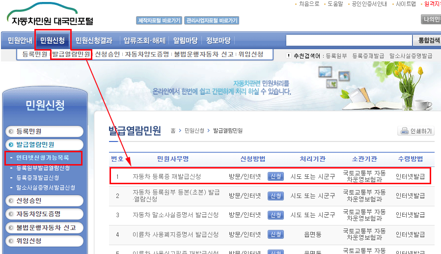 자동차민원 대국민포털 자동차등록증 재발급