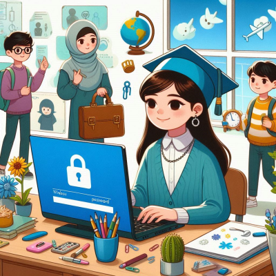 졸업 가운을 입은 학생이 보안 로그인 화면을 보고 있는 장면.