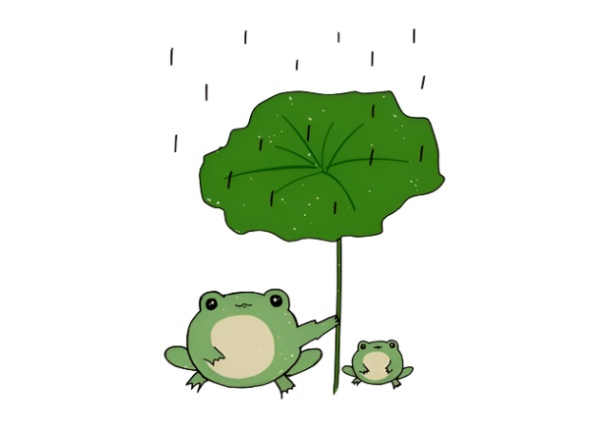 연잎 우산속 엄마개구리와 아기개구리