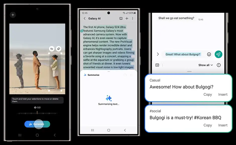 AI 기능인 포토&#44; 노트&#44; 채팅 어시스트 사진입니다. 제일 왼쪽에는 포토 어시스트 기능으로 해변가에 있는 남녀 중 여자를 다른 위치로 옮기고 있습니다. 중간에는 노트 어시스트 기능으로 노트에 있는 영어를 한국어로 번역 중입니다. 제일 오른쪽에는 채팅 어이스트 기능으로 상대방과 메시지를 주고 받는 사진입니다.
