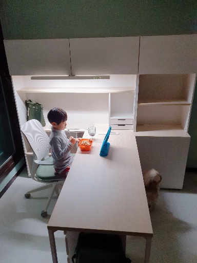 책상에서 태블릿 보면서 치킨 먹는 우