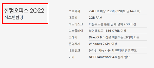 한컴 오피스 2022 시스템 환경 입니다.