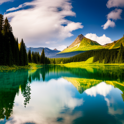 썸네일 이미지 푸른 하늘과 흰 구름이 있는 자연 풍경을 보여줍니다. 앞에는 작은 호수가 있고&#44; 뒤로는 높은 산과 푸른 숲이 펼쳐져 있습니다. 이 이미지는 청명한 대기와 아름다운 자연 환경을 상징하여 기후변화에 대한 중요성과 자연 보전의 필요성을 강조합니다.