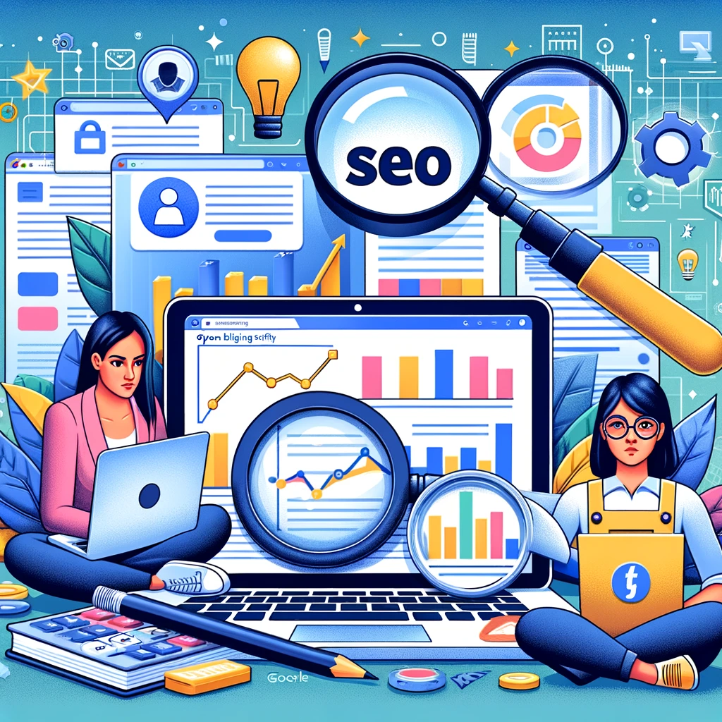 An illustration depicting various aspects of SEO and blogging.