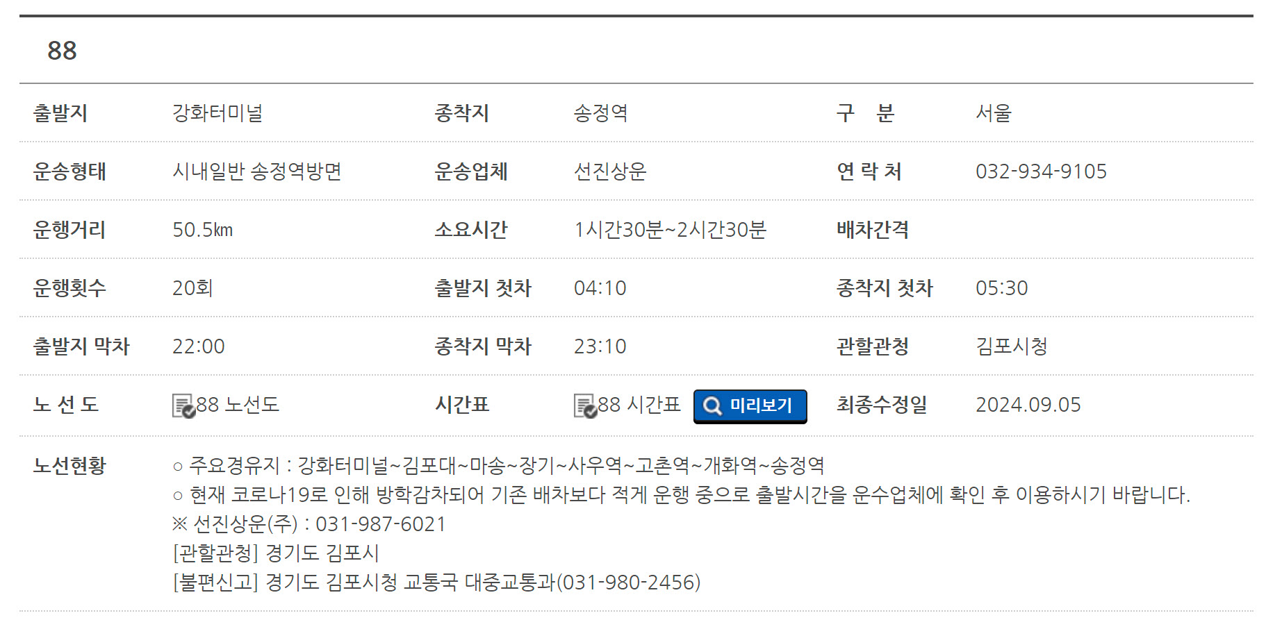 강화도 88번 시외버스 노선, 시간표 알아볼까요?