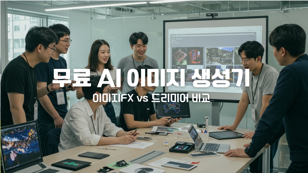 AI로 만든 이미지들을 비교하며 회의중인 모습
