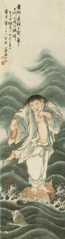 <하마선인도(蝦蟆仙人圖)>, 안중식, 종이에 수묵담채, 126.2×33.2cm, 1898년, 서울대학교박물관 유해가 표주박을 타고, 동전 달린 붉은 끈으로 물속에 있는 두꺼비를 희롱하고 있다. 동전에 마음을 뺏긴 두꺼비 표정이 재미있다. 출렁이는 물결 묘사와 색채 감각이 돋보이는 걸작이다.