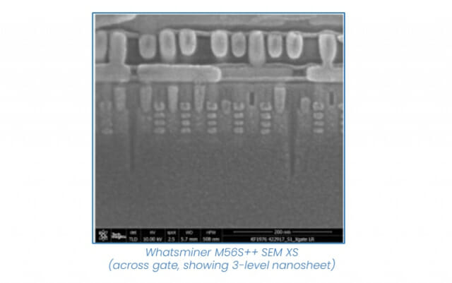 삼성 3nm 공정이 적용된 마이크로BT의 칩을 주사전자현미경으로 촬영한 이미지. 게이트 내부에 나노시트 형태의 채널(하얀 직사각형)이 세밀히 적층돼있는 모습을 볼 수 있다