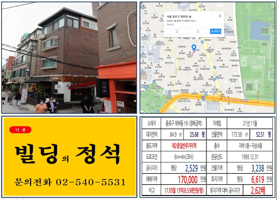  [종로구 체부동 10억 꼬마빌딩 실거래가 조회] 체부동 19 (경복궁역) 17억 원, 평당 6,619만 원 매매되었습니다.