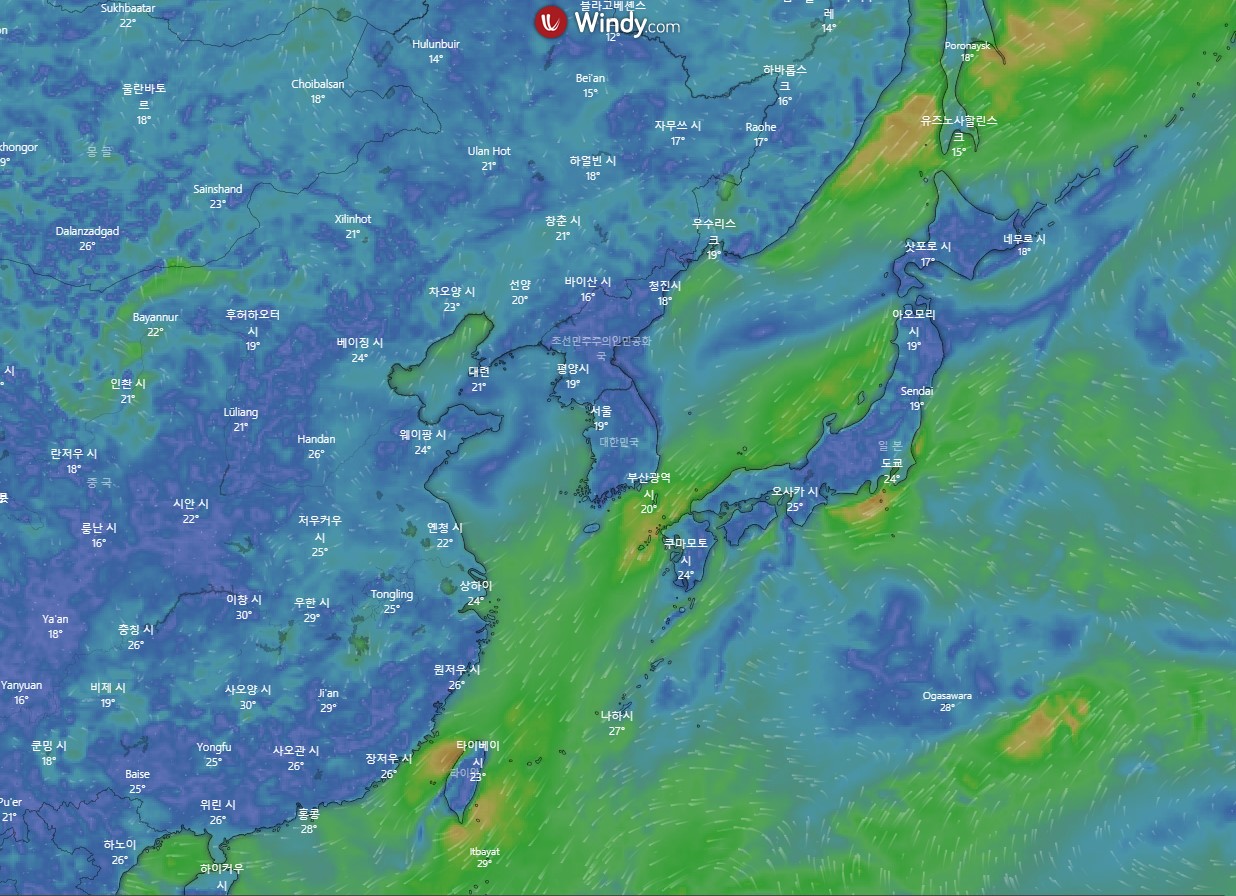 2022년 제12호 태풍 무이파 - Windy /&nbsp;2022년 9월 8일 금요일 연휴전날 20:00경