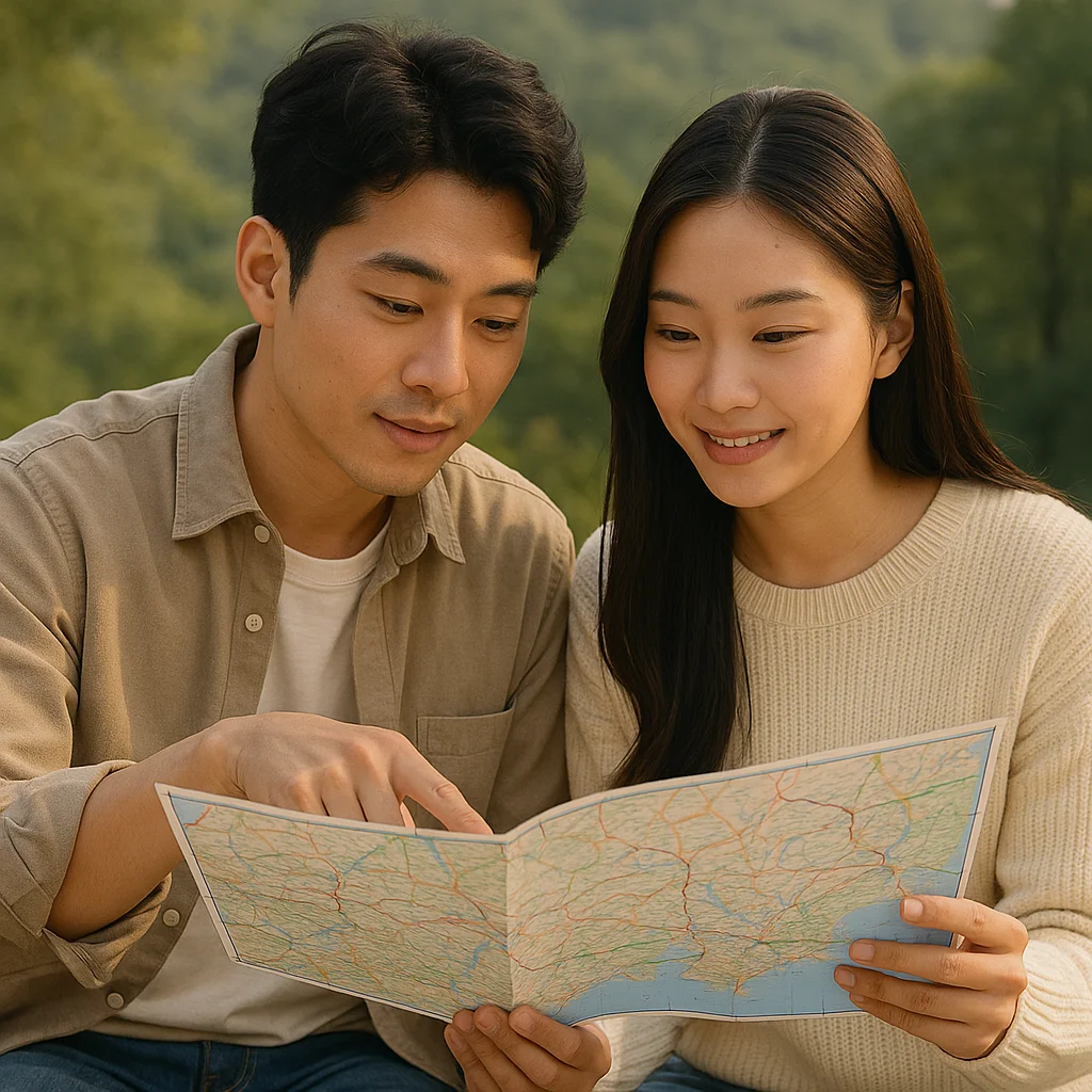A Korean couple planning a weekend day trip, looking at a map with a calm natural background.