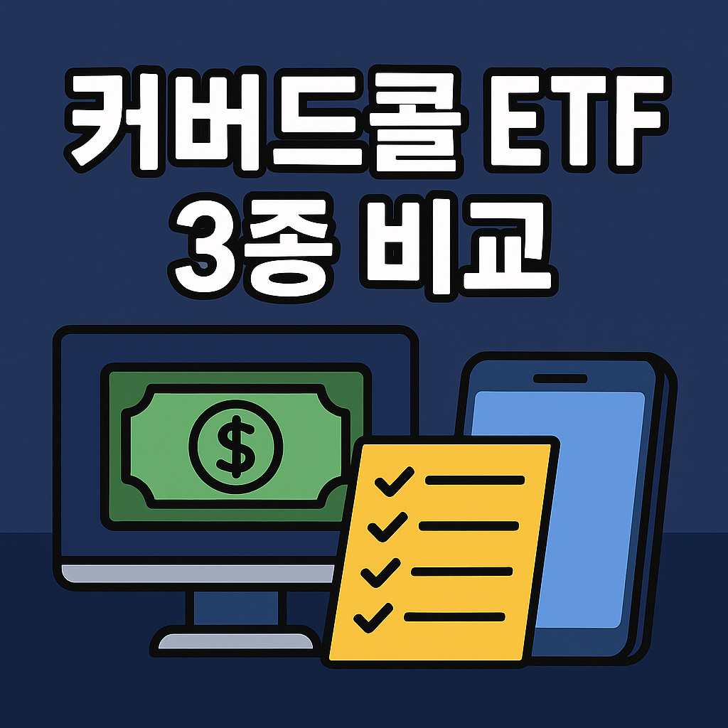 짙은 남색 배경 위에 커다란 배당금 아이콘과 ‘커버드콜 ETF 3종 비교’ 문구가 강조된 고대비 2D 일러스트 썸네일 이미지