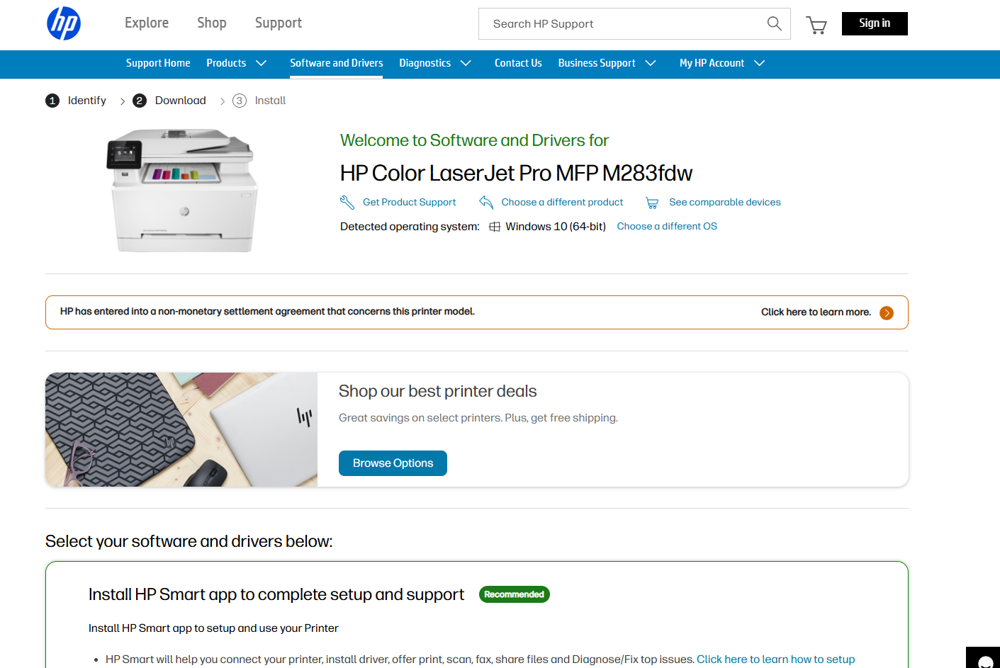 HP M283fdw 프린터 드라이버 다운로드 페이지 초기 화면, 운영체제 자동 감지 및 HP Smart 앱 설치 안내가 표시됨
