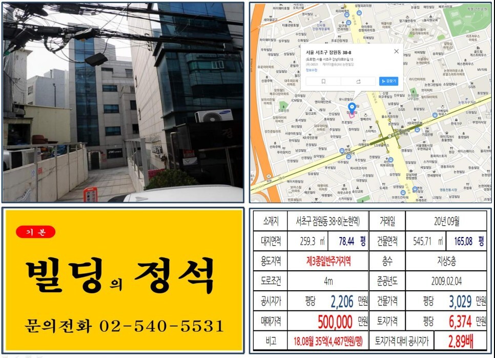  [서초구 강남대로 50억 꼬마빌딩 실거래가 조회] 잠원동 38-8 (논현역) 50억 원, 평당 6,374만 원 매매되었습니다. 신분당선 호재지역