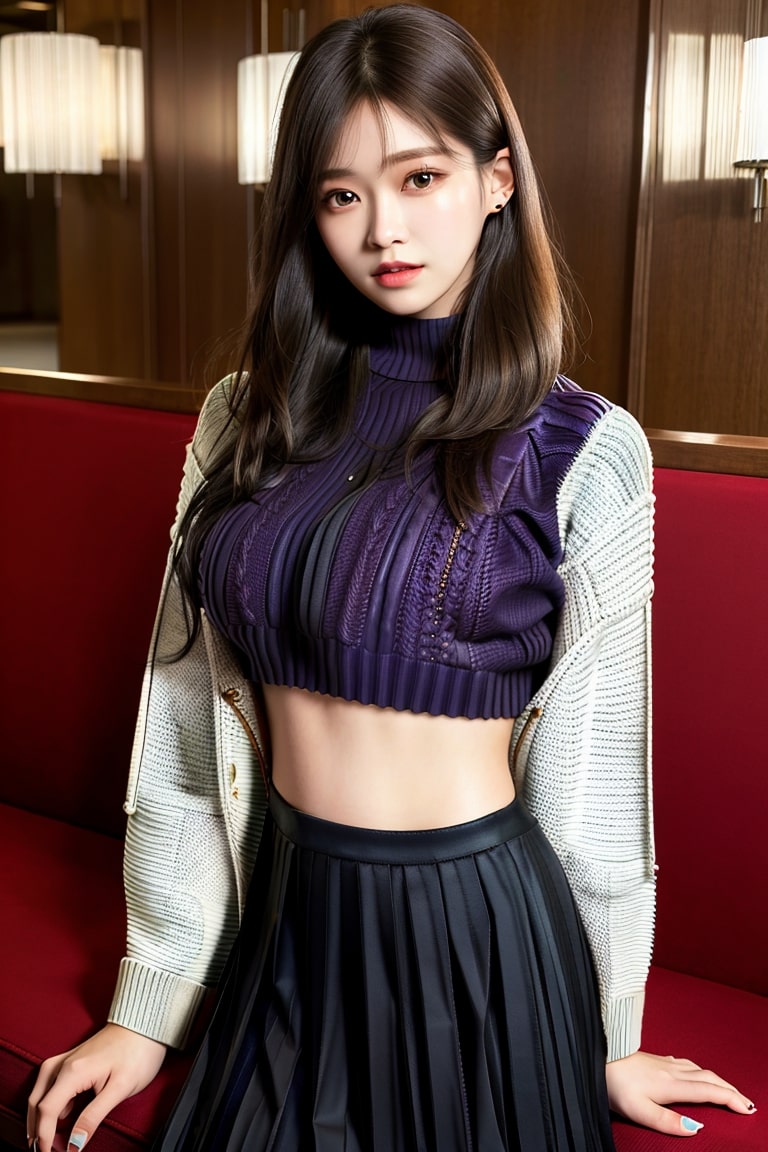  크롭 스웨터가 있는 플리츠 미디 스커트