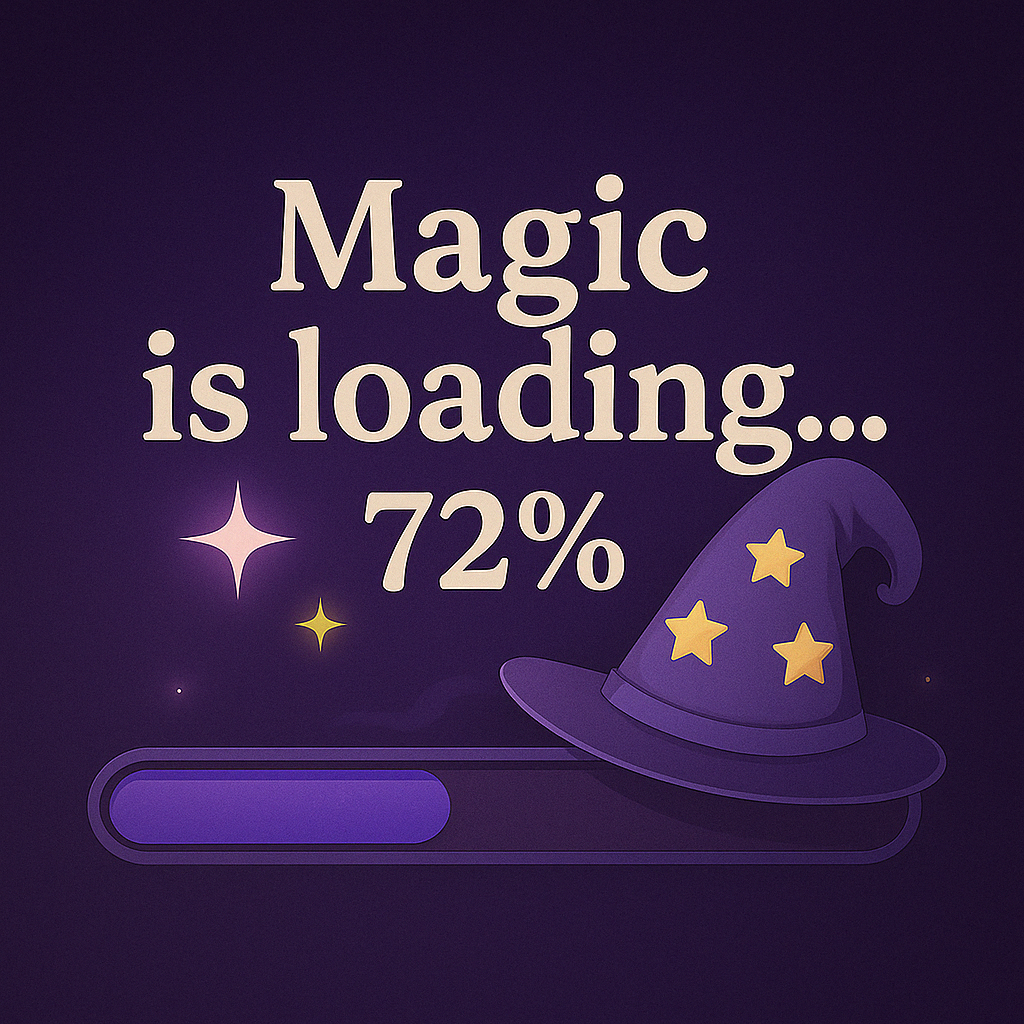 🇺🇸:

✨ Magic is loading... 72% ✨ Abracadabra! Image of a loading screen with a wizard hat and sparkling stars. Something amazing is about to happen!

🇪🇸:

✨ La magia está cargando... 72% ✨ ¡Abracadabra! Imagen de una pantalla de carga con un sombrero de mago y estrellas brillantes. ¡Algo increíble está a punto de suceder!

🇫🇷:

✨ La magie se charge... 72% ✨ Abracadabra ! Image d'un écran de chargement avec un chapeau de magicien et des étoiles scintillantes. Quelque chose d'incroyable est sur le point d'arriver !

🇯🇵:

✨ 魔法をロード中... 72% ✨ チチンプイプイ！魔法使いの帽子とキラキラ光る星があるローディング画面の画像です。何かすごいことが起こりそう！

🇩🇪:

✨ Magie wird geladen... 72% ✨ Hokuspokus! Bild eines Ladebildschirms mit einem Zaubererhut und funkelnden Sternen. Etwas Unglaubliches steht kurz bevor!

🇨🇳:

✨ 魔法加载中... 72% ✨ 芝麻开门！带有巫师帽和闪耀星星的加载屏幕图像。令人惊奇的事情即将发生！