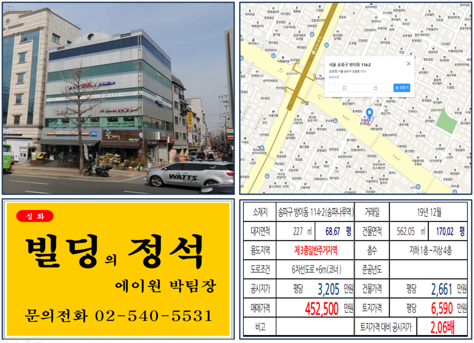  [송파구 역출구 역세권 코너빌딩 실거래가 조회] 방이동 114-2 (송파나루역) 45.2억 원, 평당 6,590만 원, 오금로 대로변 코너빌딩, 40억 올근생빌딩