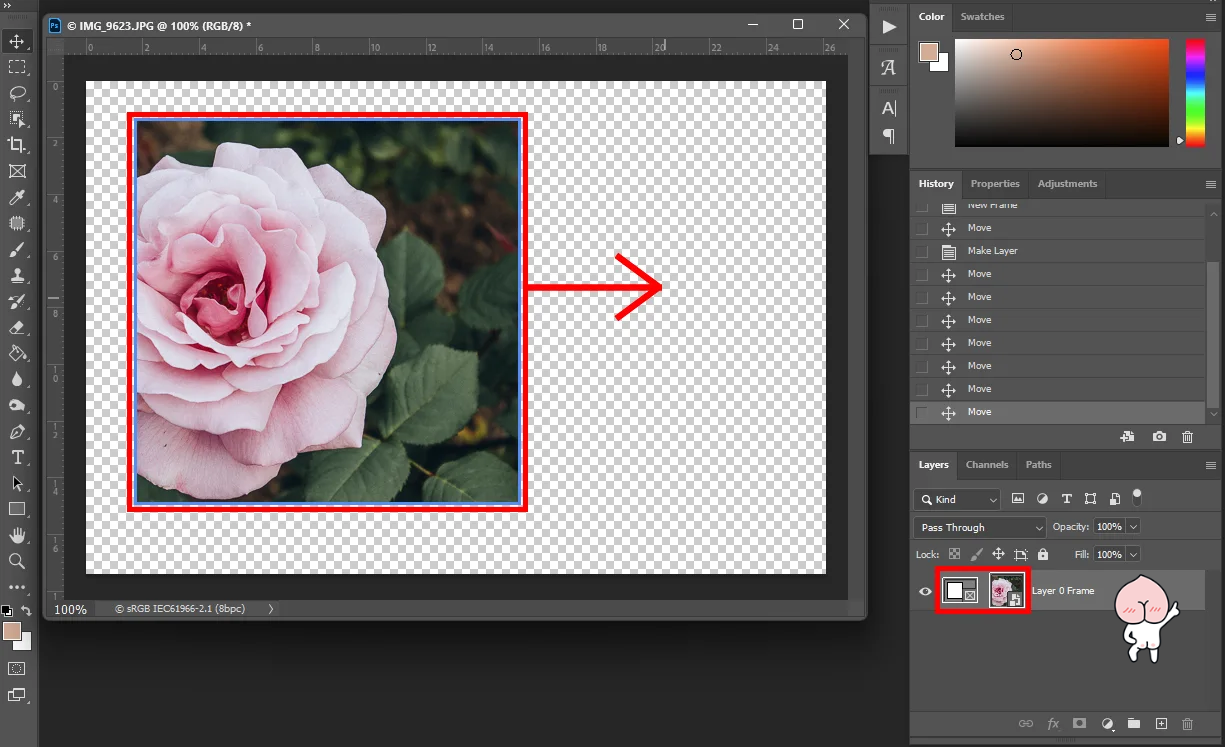 어도비 포토샵으로 프레임 툴을 활용하여 이미지를 자른 후 이동하는 모습
