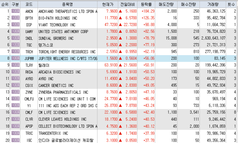  2월10일 미국주식 상승률 상위 종목 TOP 300
