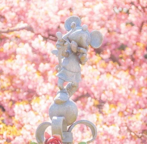 화살을 쏘는듯한 모양의 미키 마우스 동상뒤에 벚꽃들이 펴있다.
