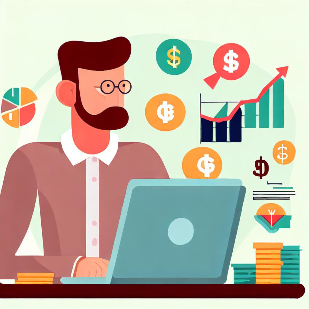 Flat vector style illustration of a man in his 30s looking at various investment options on his laptop.