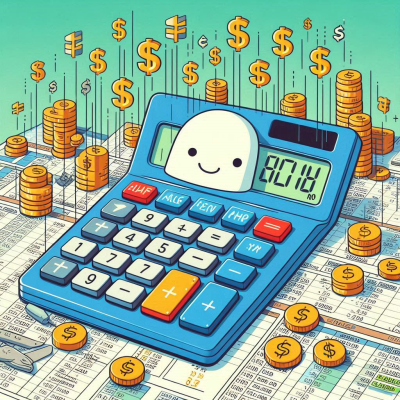 웃는 얼굴이 있는 계산기와 주변의 동전과 달러 기호들