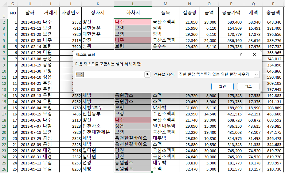 셀 강조 규칙 - 텍스트 포함 의 조건 및 적용 서식