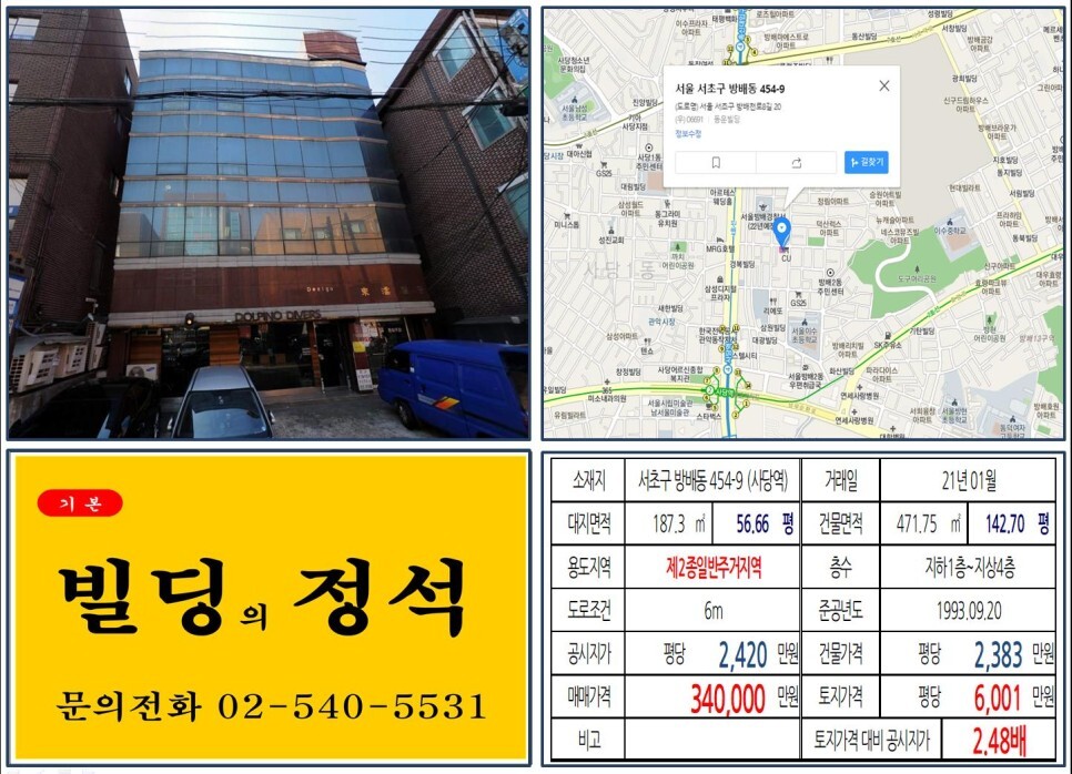  [서초구 방배5구역 재개발 30억 올근생 꼬마빌딩 실거래가 조회] 방배동 454-9 (사당역) 34억 원, 평당 6,001만 원 매매되었습니다.