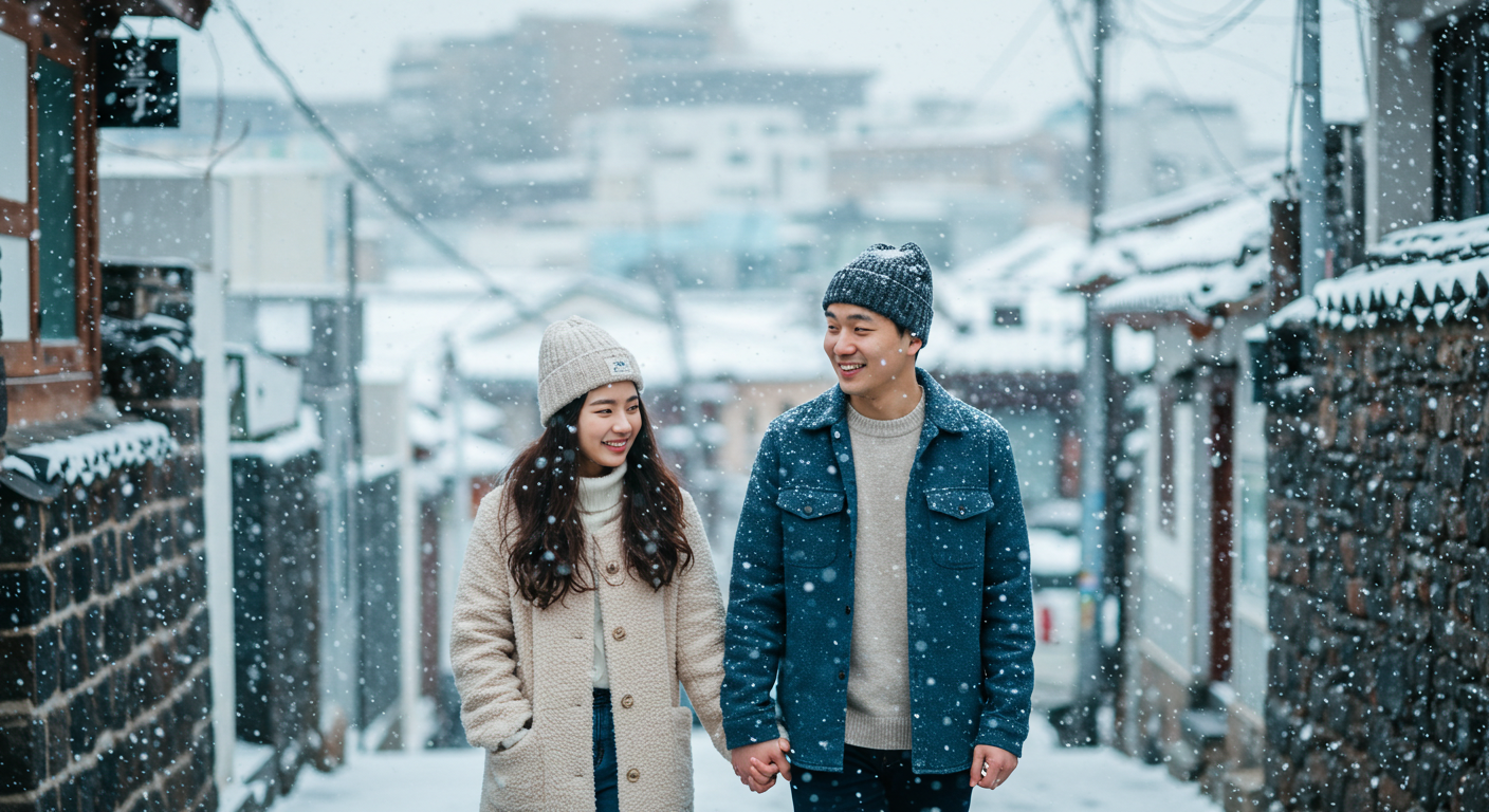 눈 오는 제주도를 걷는 커플